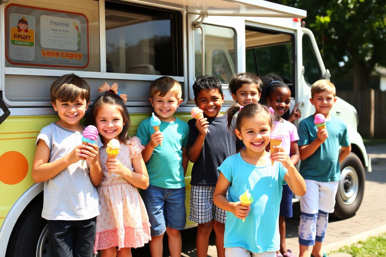 Children enjoying ice cream cones next to a colorful ice cream truck