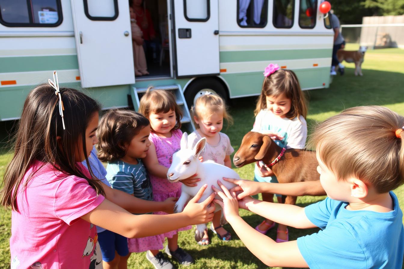 Children gently petting animals during a mobile petting zoo visit